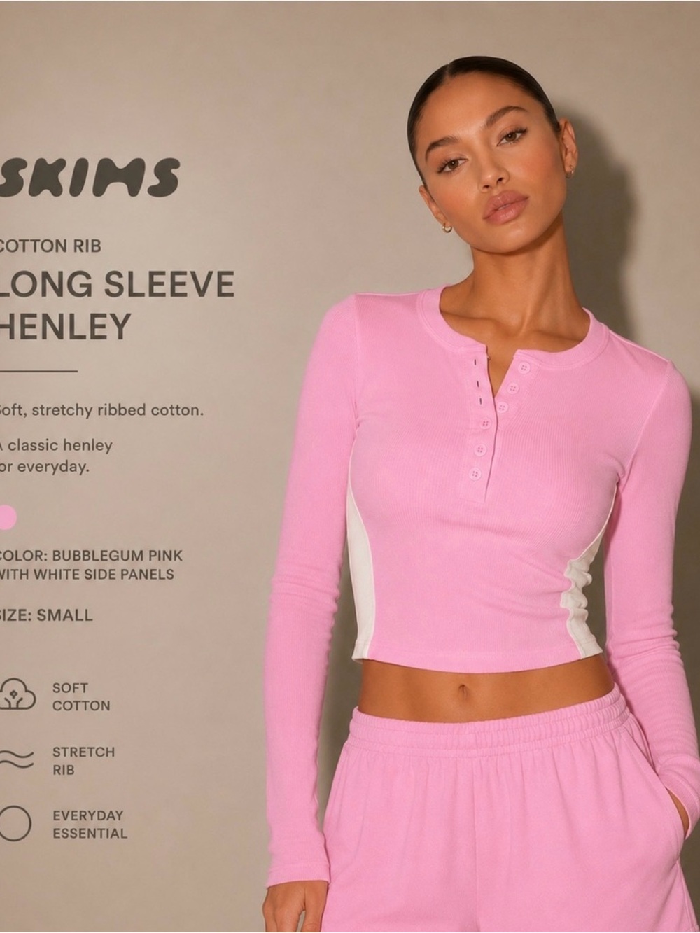 SKIMS Bubblegum Pink Long Sleeve Henley Top with White Side Panels
